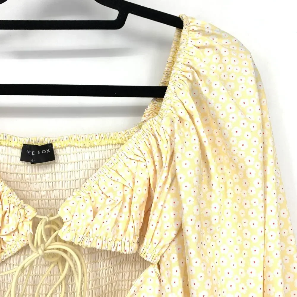 White Fox Cropped Cutout Long Sleeve Top Womens Sz S Yellow Floral Off Shoulder - Picture 3 of 6